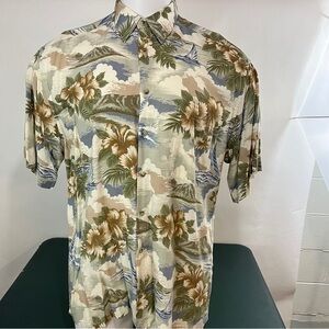 Van Heusen Mens L Floral Hawaiian Button Up Short Sleeve Blue Green White (529